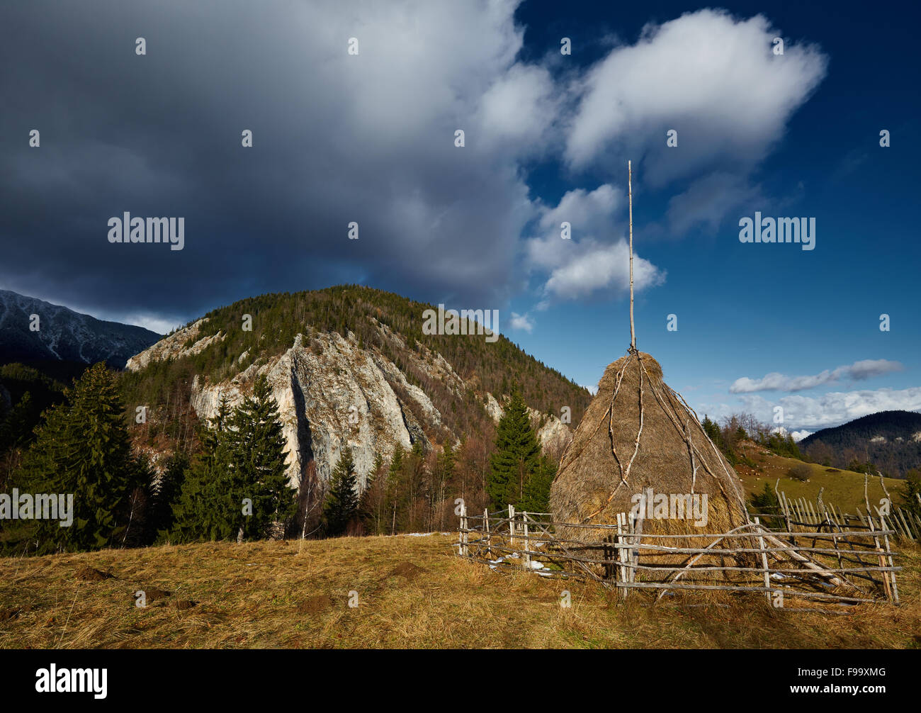 Two hay ricks with mountains in background Stock Photo