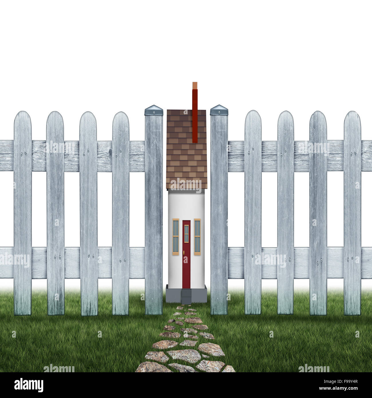 Tiny house and small home concept as a confined residence real estate symbol as a very narrow family house between a picket fence as a metaphor for living in a squeezed cramped space on a white background. Stock Photo