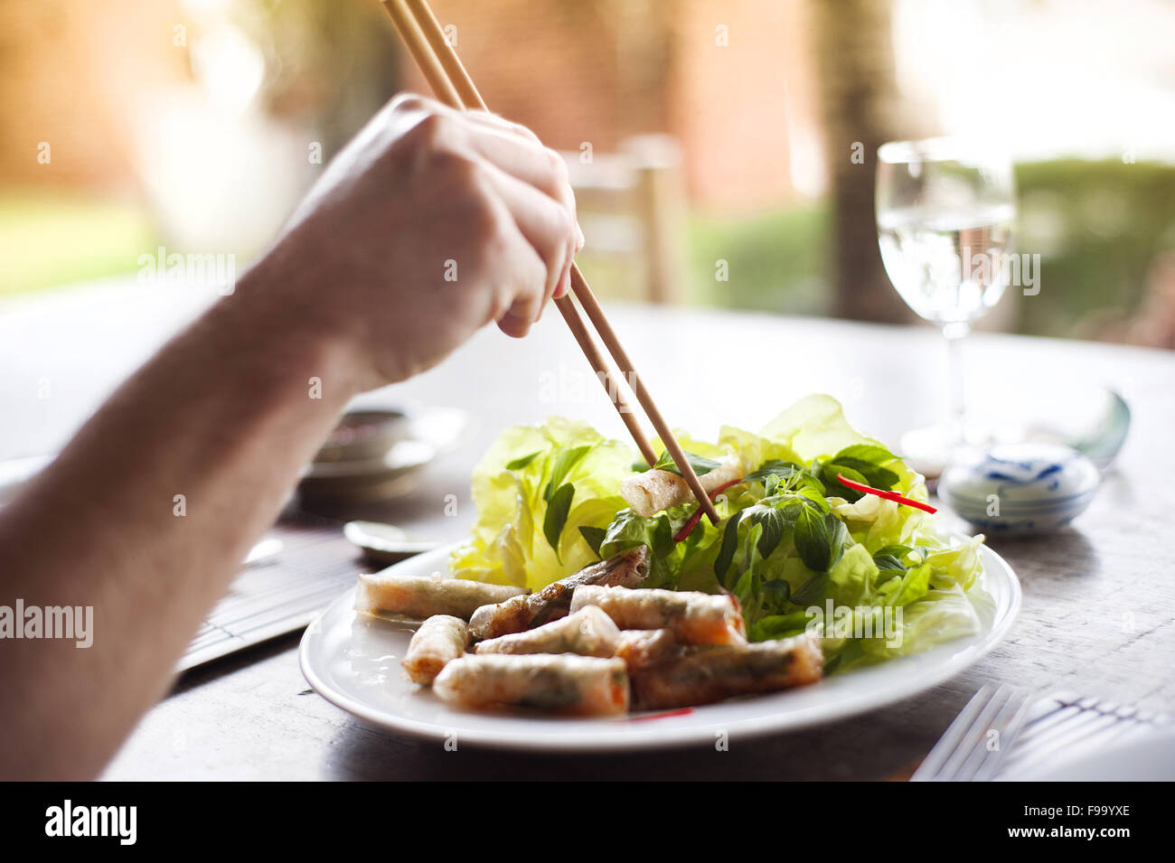 Asian vietnamese food - fresh spring rolls with basil salad and carrot Stock Photo