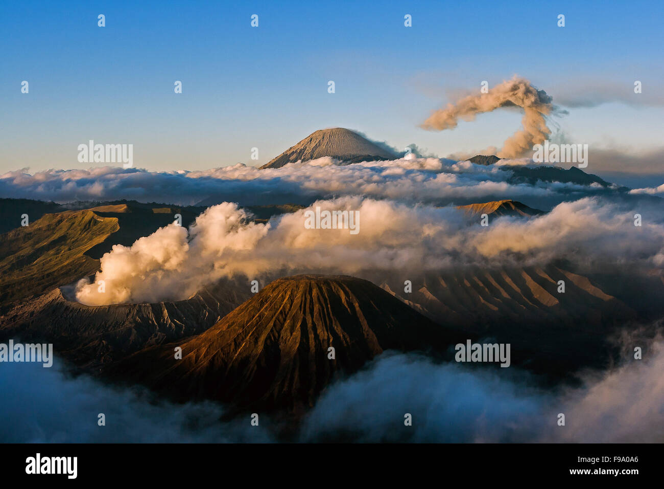 View of Bromo, Batok and Seremu volcanoes, East Java, Indonesia. Stock Photo