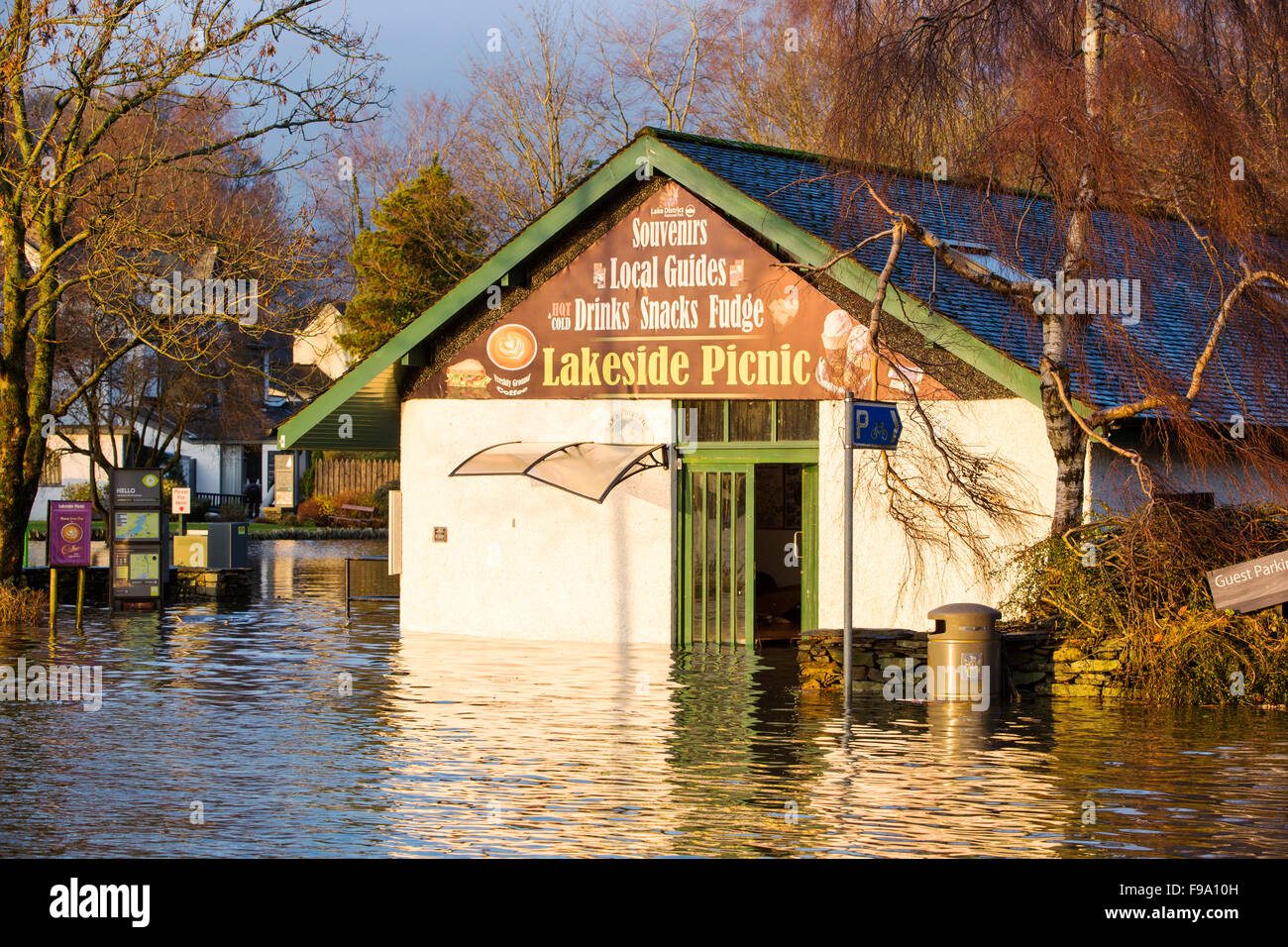 The Lakeside Picnic cafe surrounded by flood water after Lake Windermere burst its banks in Ambleside in the Lake District on Mo Stock Photo