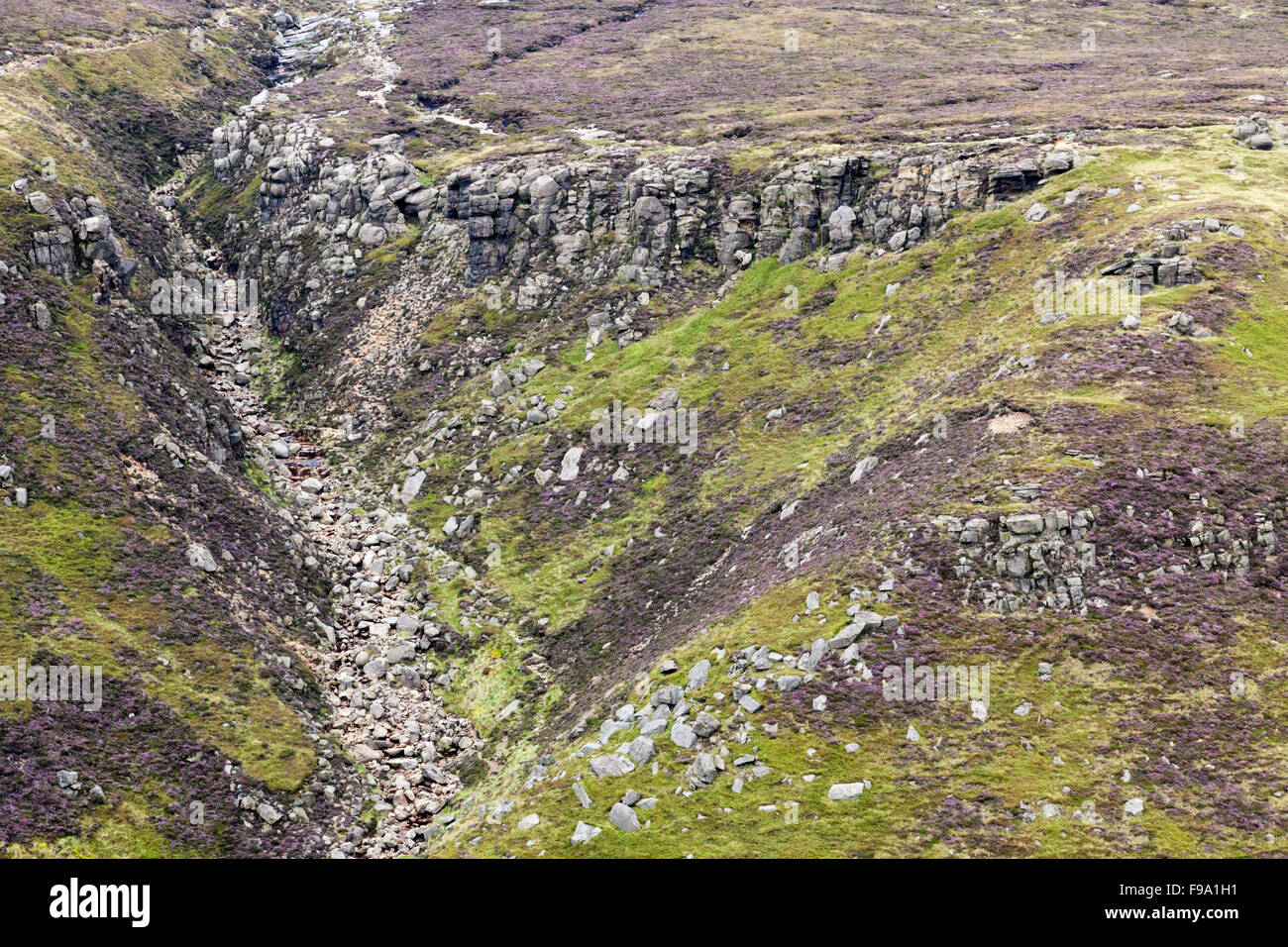 Looking down on a section of the head of Grindsbrook Clough on the southern edge of Kinder Scout, Derbyshire, England, UK Stock Photo