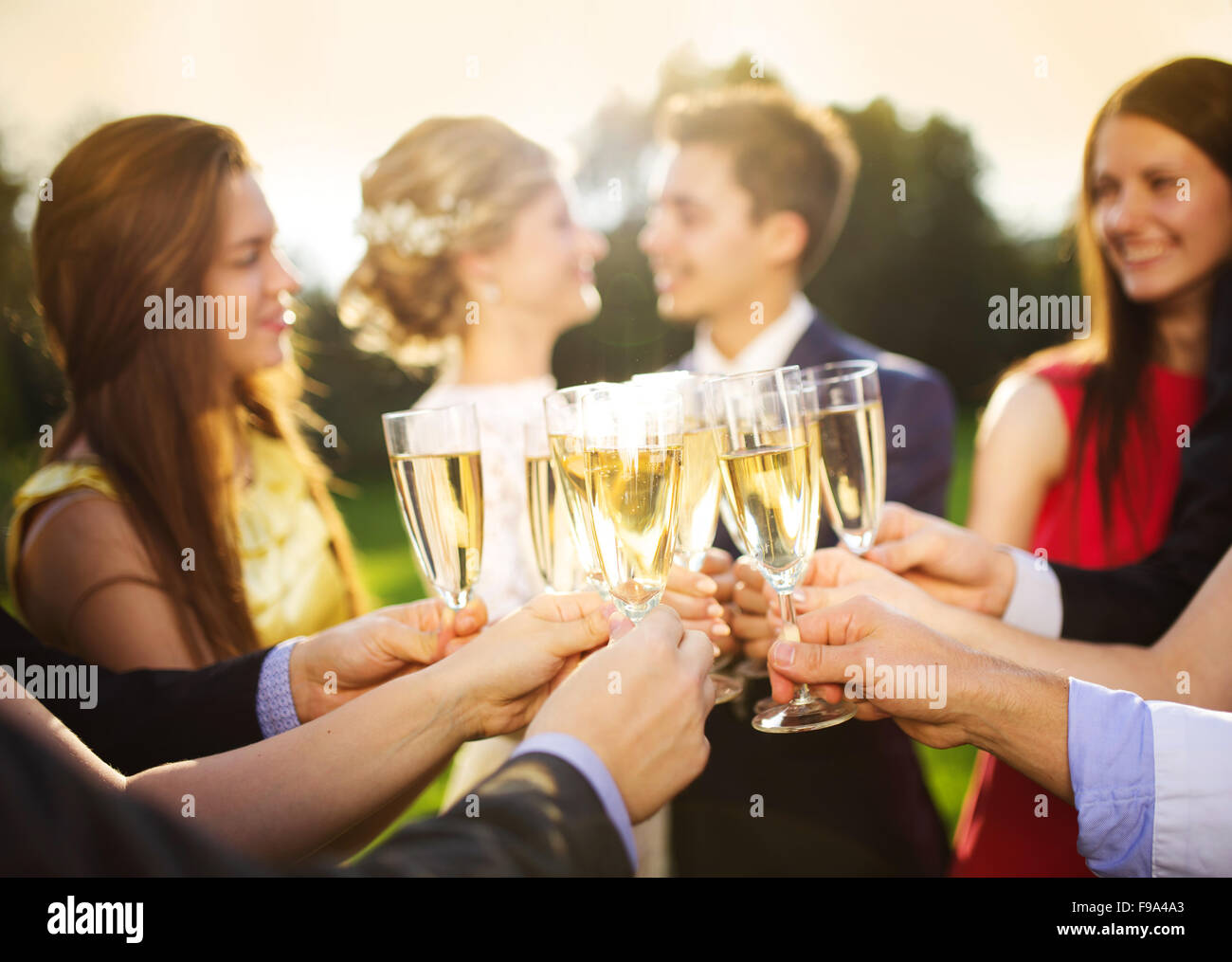 Wedding guests clinking glasses while the newlyweds hugging in the background Stock Photo