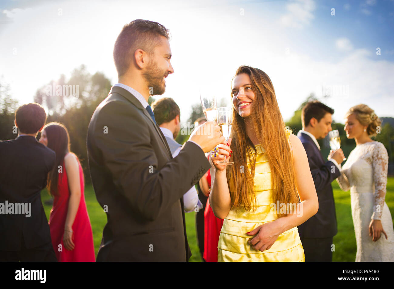 Wedding guests clinking glasses at the wedding reception outside Stock Photo