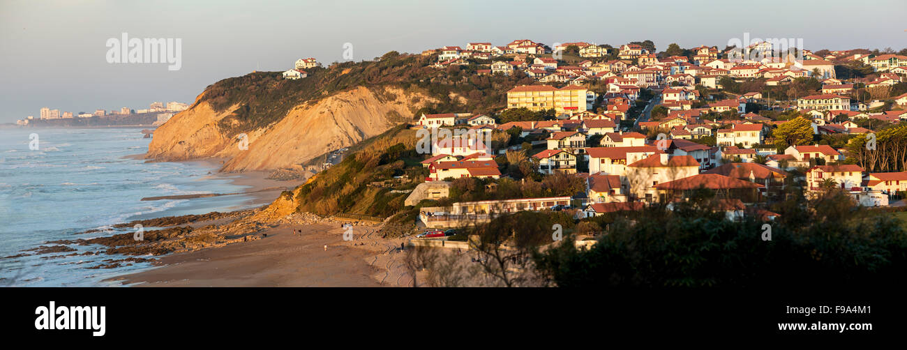 The Uhabia beach and Bidart town (Atlantic Pyrenees - Aquitaine - France). Plage de l'Uhabia et ville de Bidart (France). Stock Photo