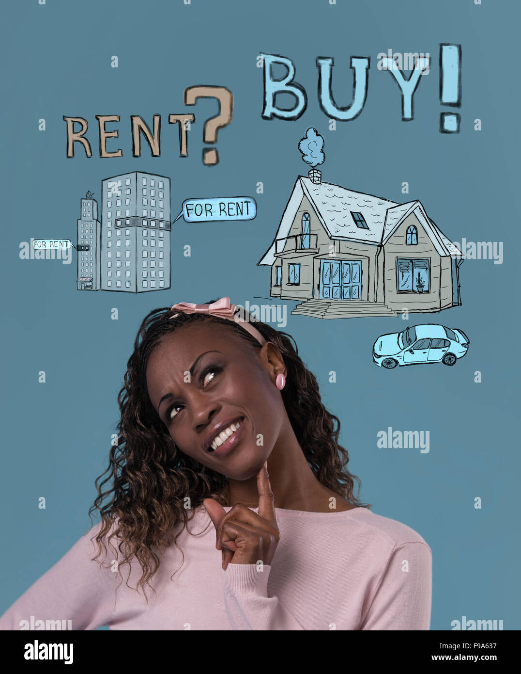 Buy or rent realty. Woman thinking and choosing, Mortgage concept Stock Photo