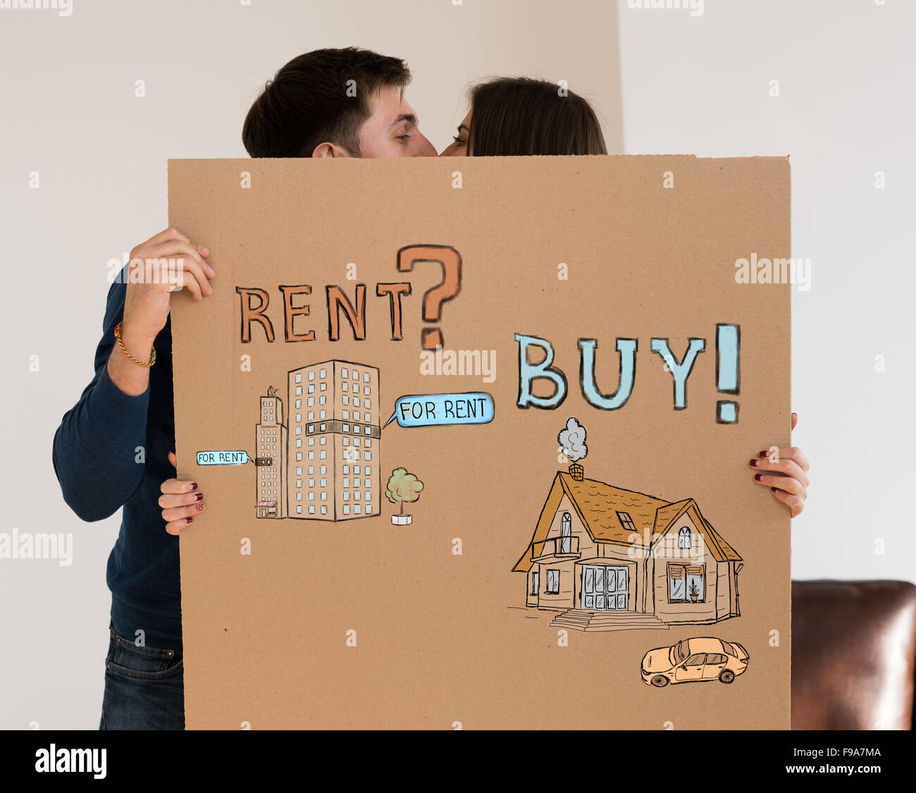 Buy or rent realty. Couple thinking and choosing, Mortgage concept Stock Photo