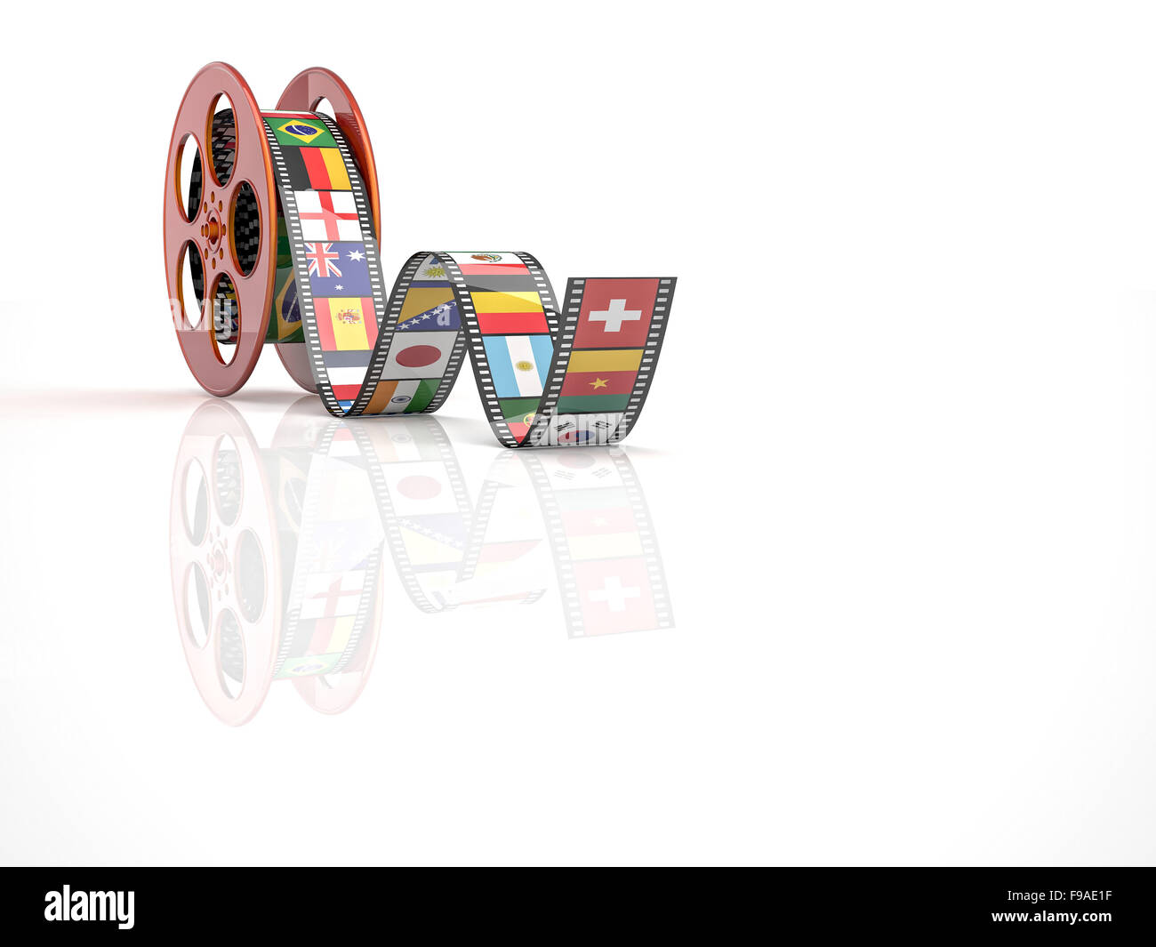 render of classic cinema film roll with flags Stock Photo