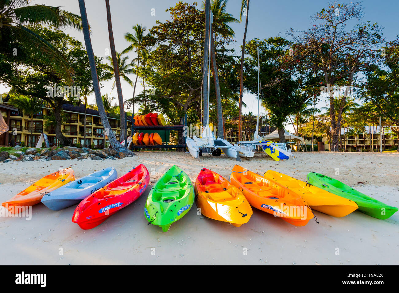 Canoes on the beach at The Shangri-La Fijian Resort and Spa, Yanuca Island,Coral Coast, Fiji. Stock Photo