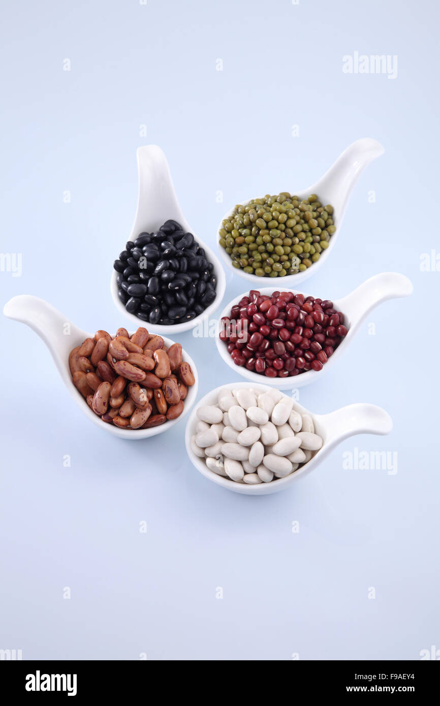 organic five soup beans in saucers Stock Photo