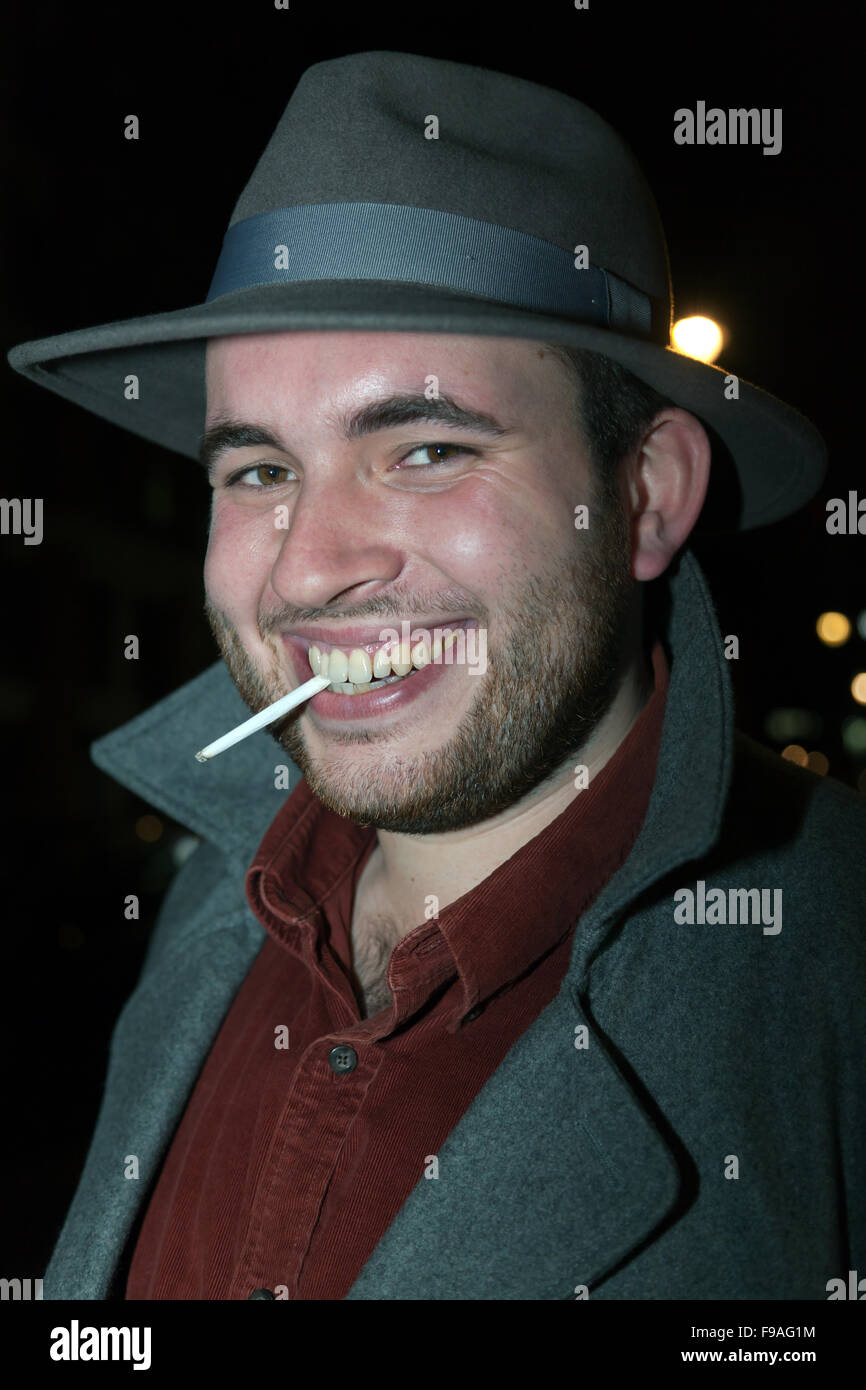 Tim Curtis  wearing a Fedora, outside the Flatplanet  Resturant, in Great Marlborough Street, London. Stock Photo