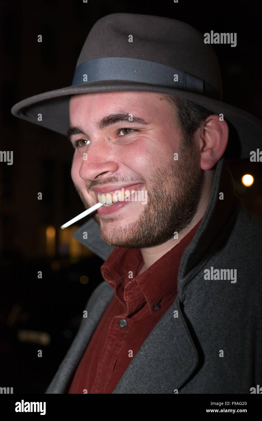 Tim Curtis  wearing a Fedora, outside the Flatplanet  Resturant, in Great Marlborough Street, London. Stock Photo