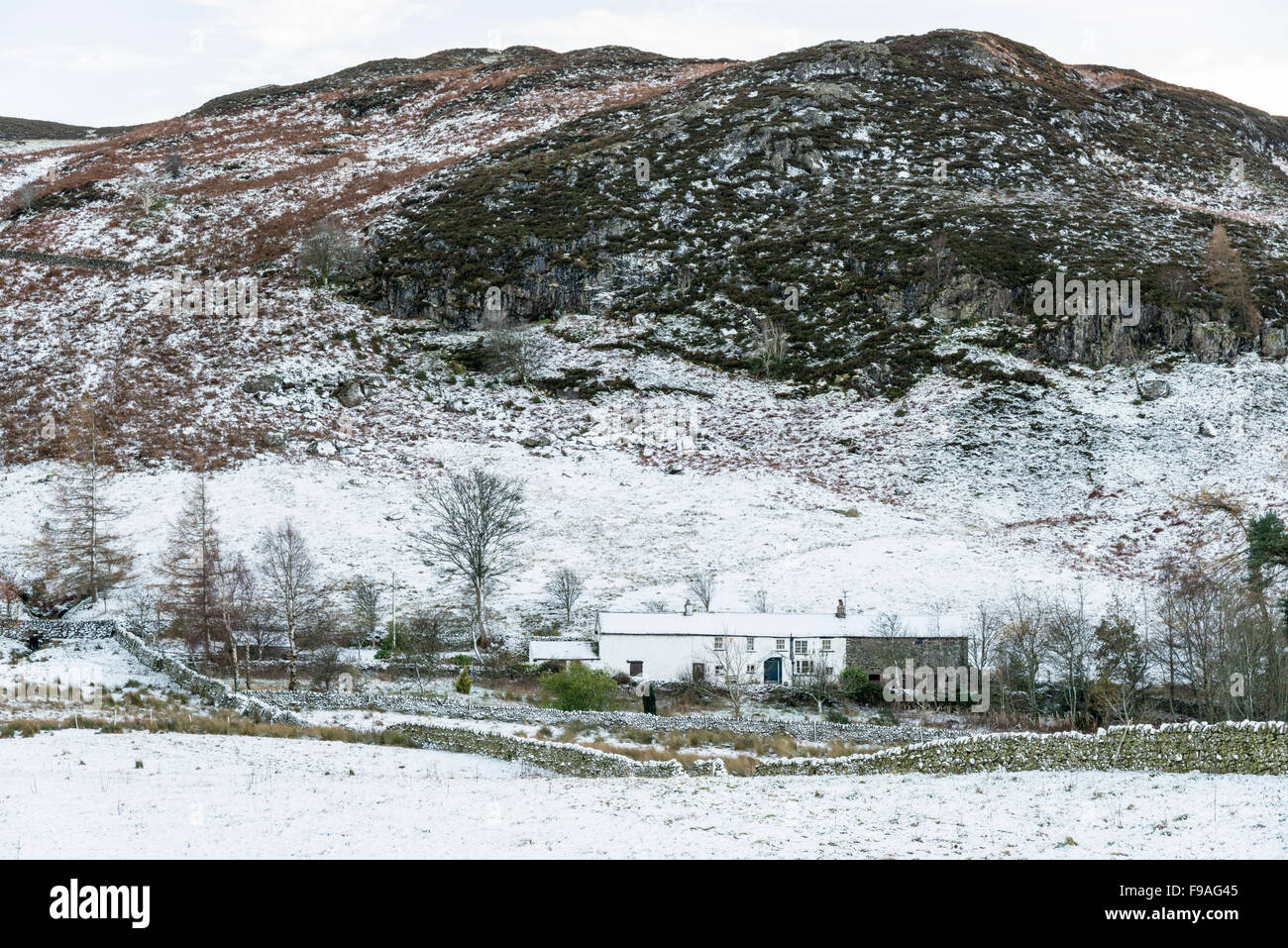 A snowy landscape of Cumbrian farms, buildings and mountains near Matterdale in Cumbria UK Stock Photo