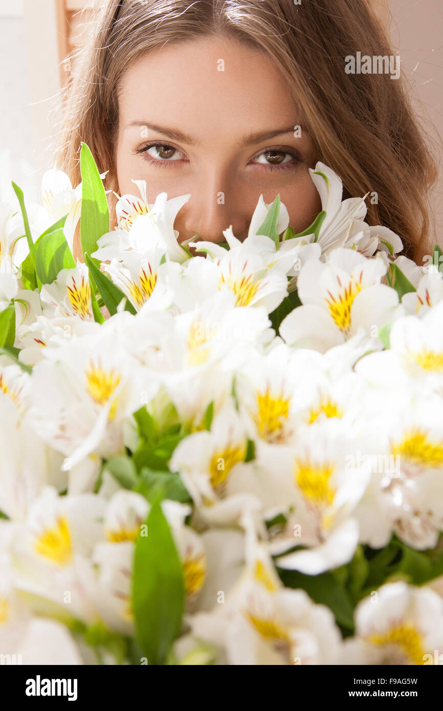 Beautiful young woman portrait, happy girl with a bouquet of white ...