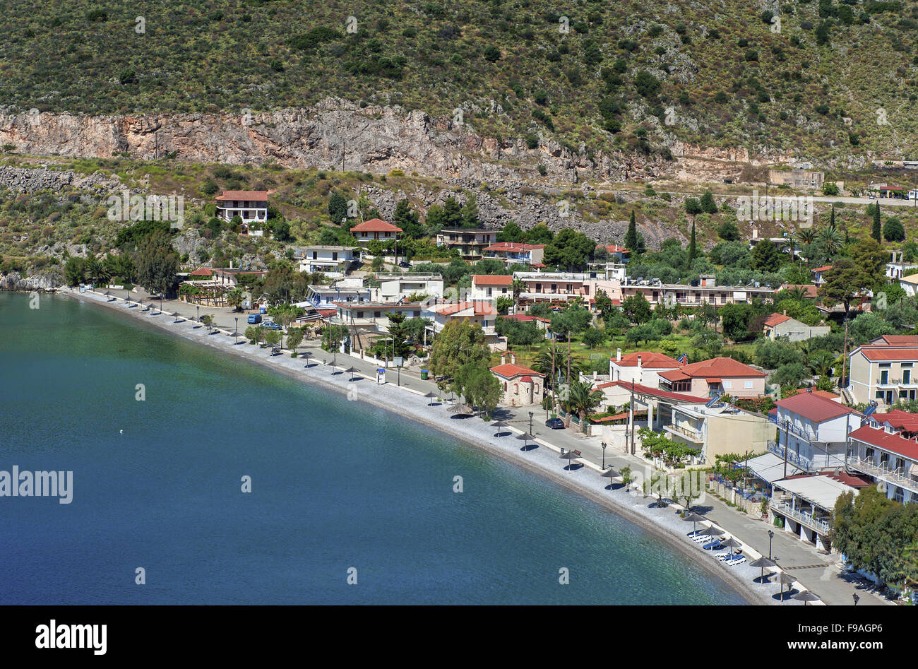 Close view to Agioi Pantes settlement and bay located on the coast of Corinthian Gulf in Fokida