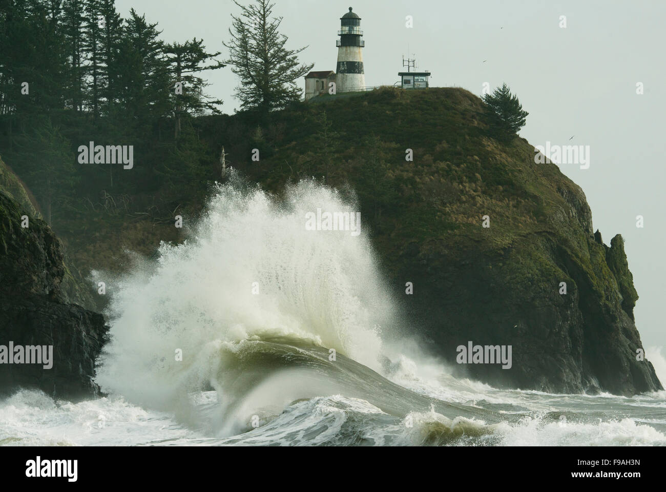 Massive waves crash into Cape Disappointment at mouth of Columbia River, December 2015, Washington State USA Stock Photo