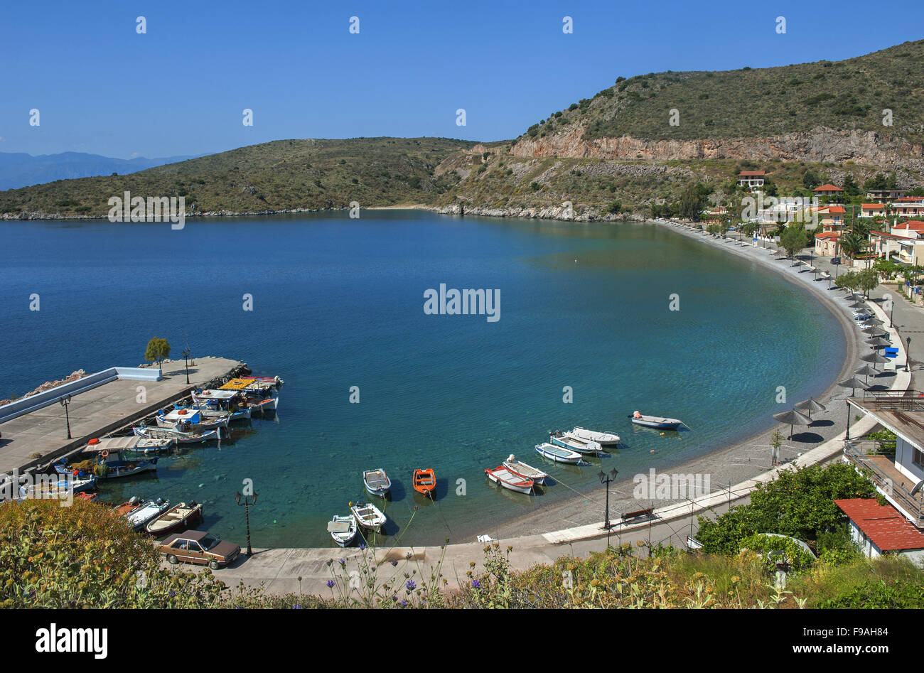 Panoramic view to Agioi Pantes haven and bay located on the coast of Corinthian Gulf in Fokida