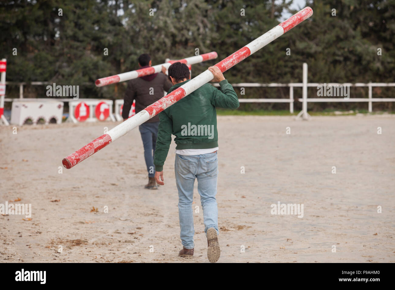 Two assistants loading obstacles poles at horse jumping competition Stock Photo