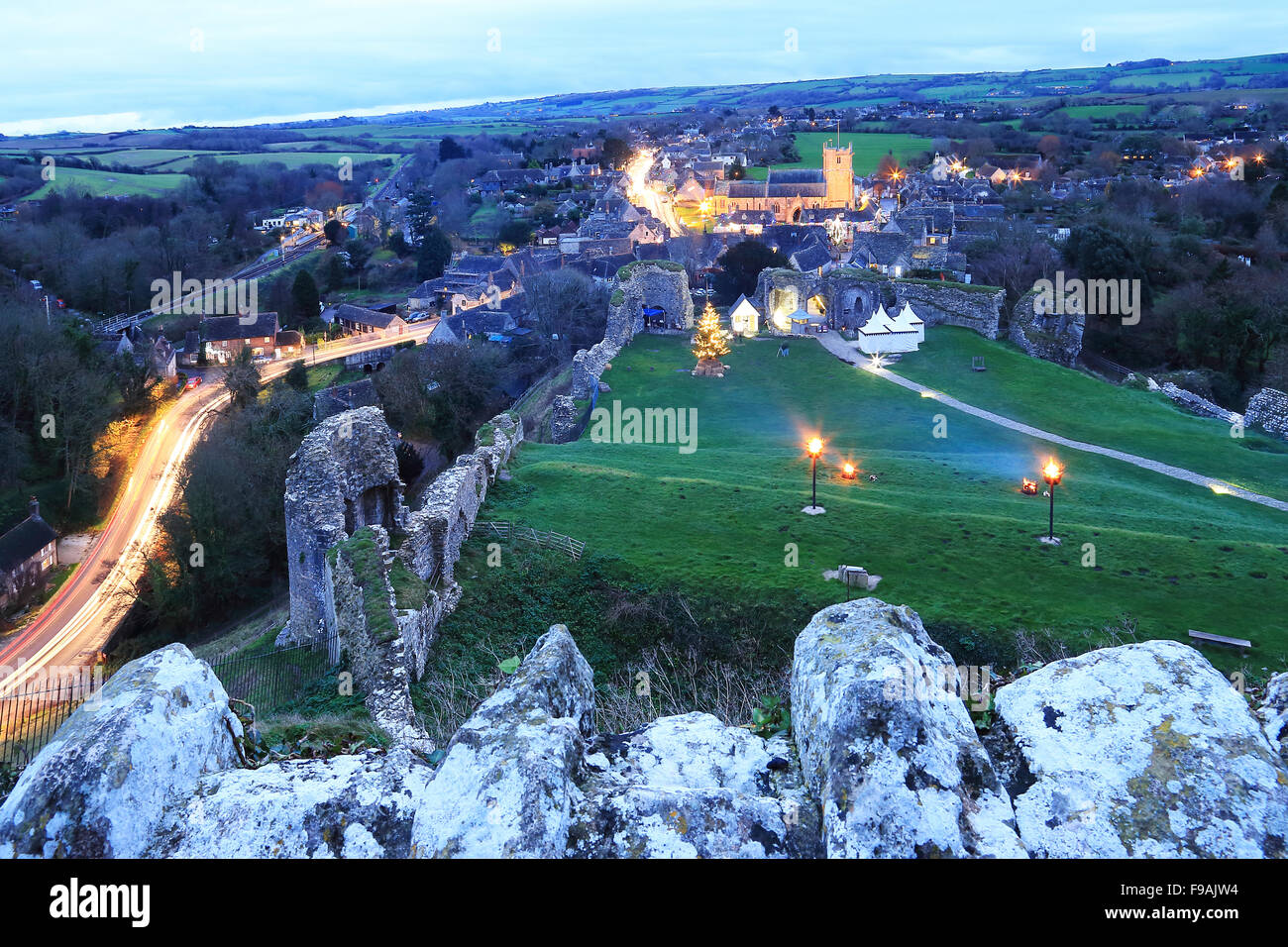 Corfe village from the Castle at night Stock Photo