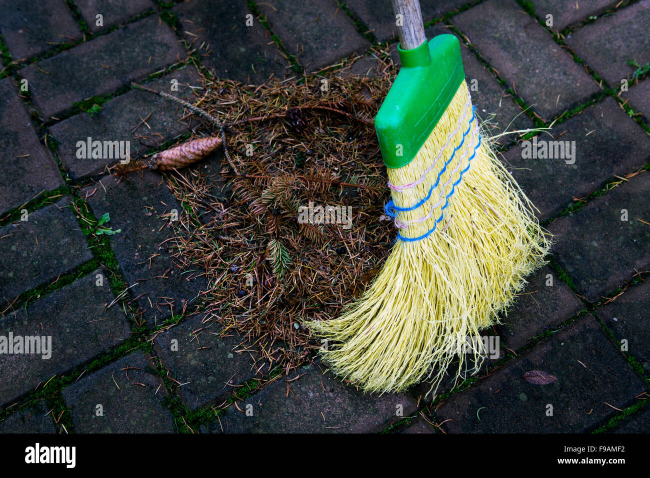 straw broom and dirt on the pathway Stock Photo