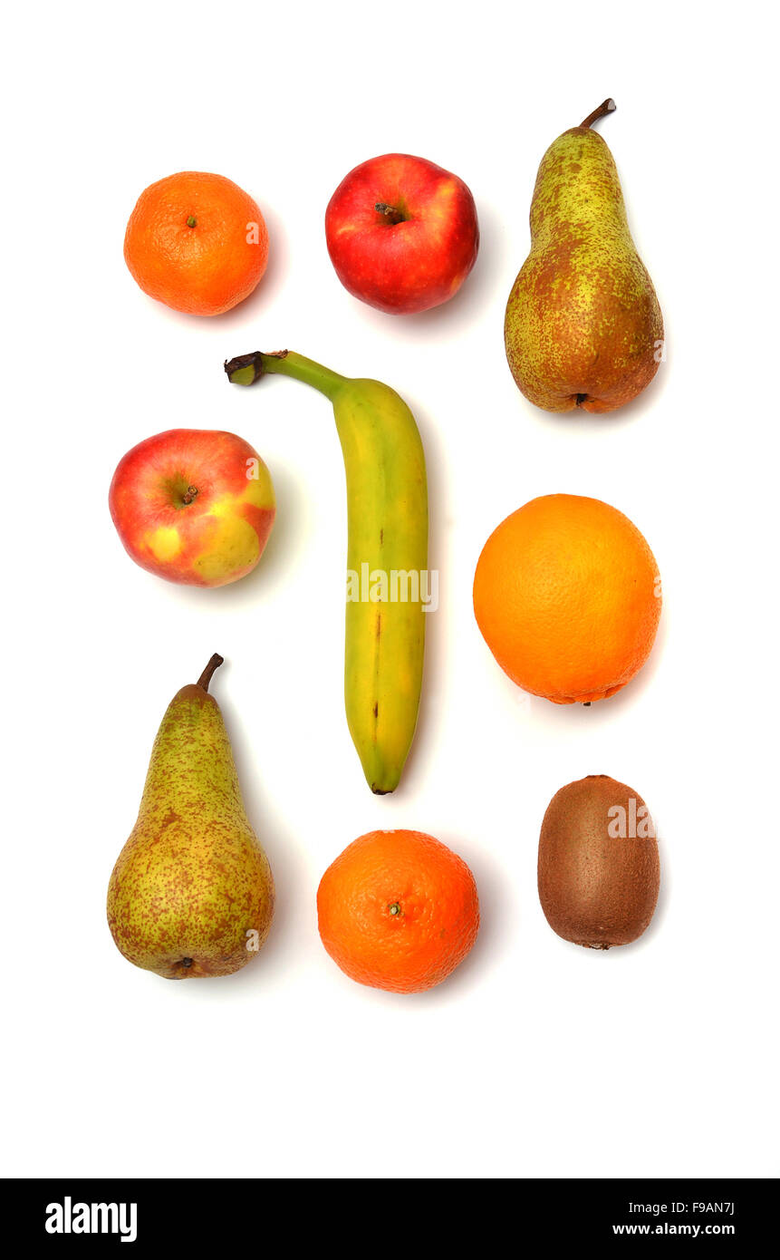 Various fruits, tangerine, apple, pear, banana, kiwi, orange Stock