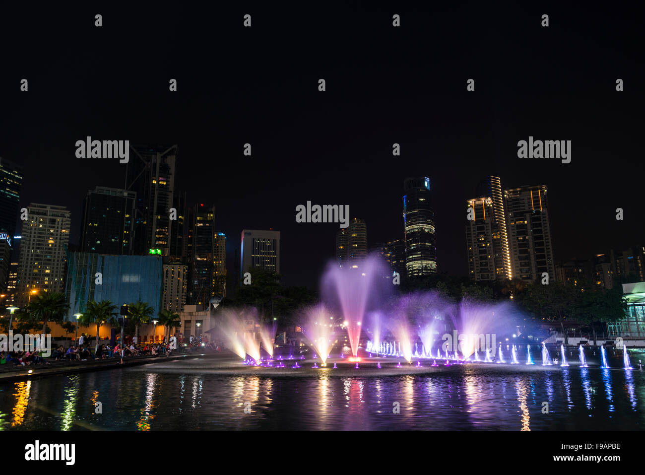 Light show, water fountain, Lake Symphony, city park, skyscrapers, City