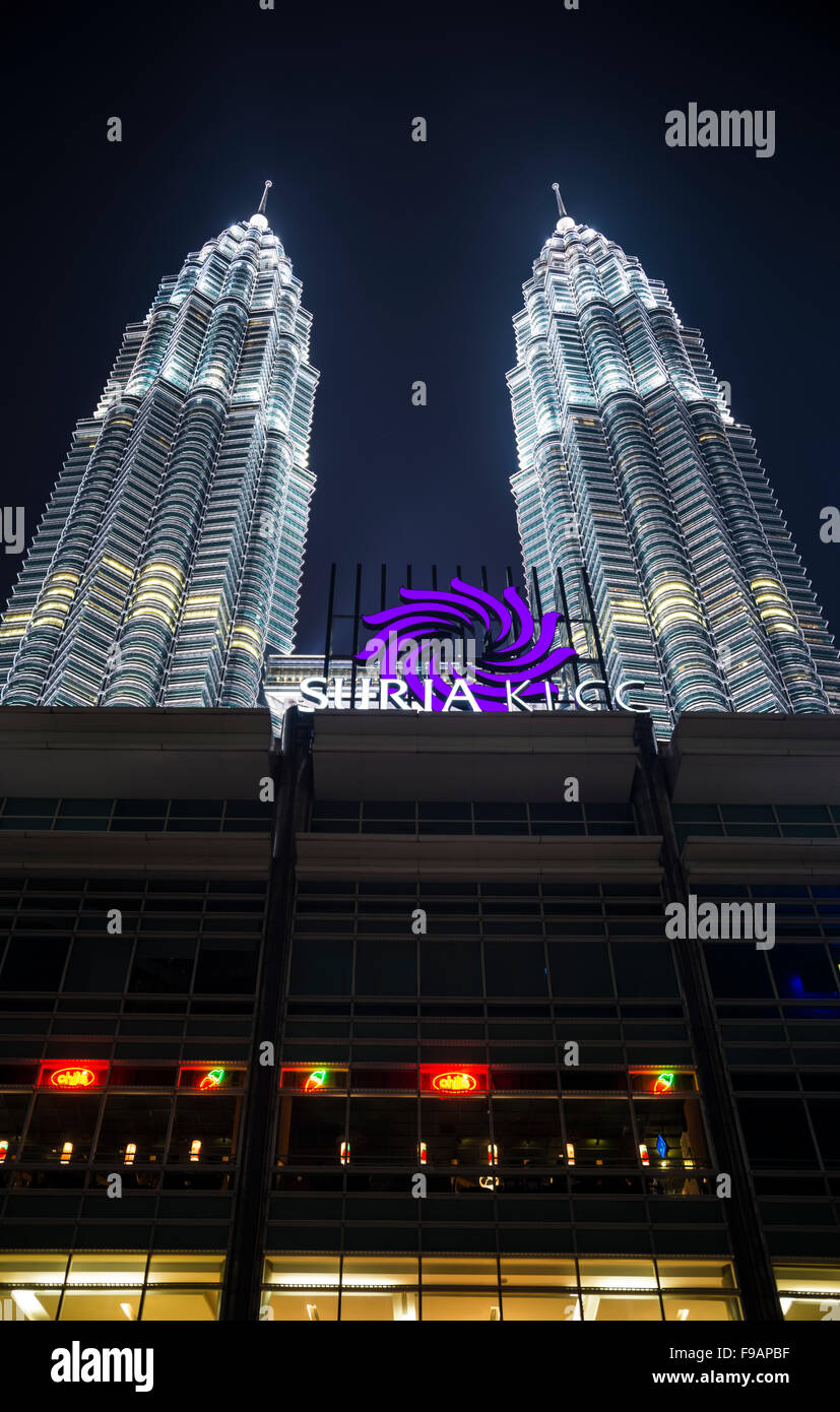 Shopping mall, Suria KLCC, Petronas Towers at night, Kuala Lumpur, Malaysia Stock Photo