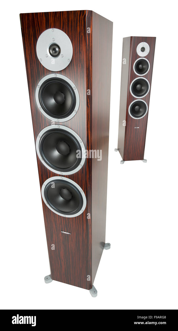 Dynaudio Focus speakers. Floor standing array of speakers in a wood veneered cabinet. Stock Photo