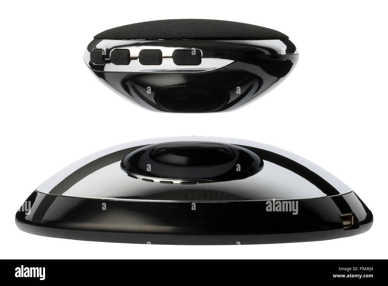 The Helium Levitate. Levitating speaker. Bluetooth loudspeaker that levitates above a base station. Stock Photo