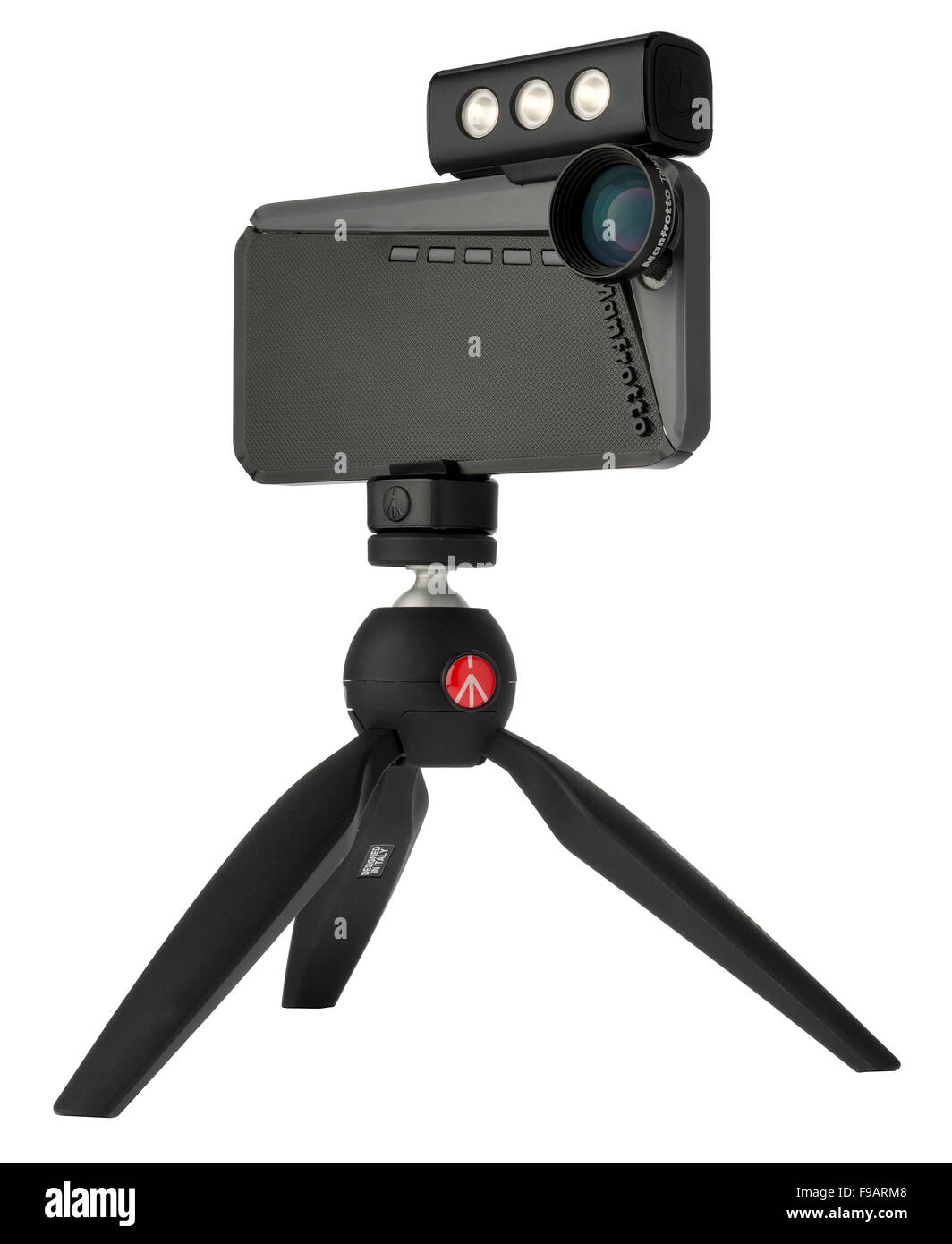 Manfrotto KLYP+ for the iPhone 6. Smartphone case, telephoto lens accessory  and LED lightbank. All on a Manfrotto mini tripod Stock Photo - Alamy