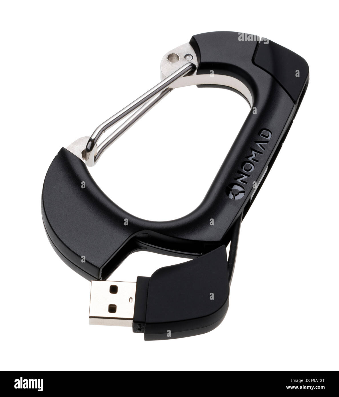 Nomad clip carabiner with USB charging cable to Apple Lightning or micro USB. Stock Photo