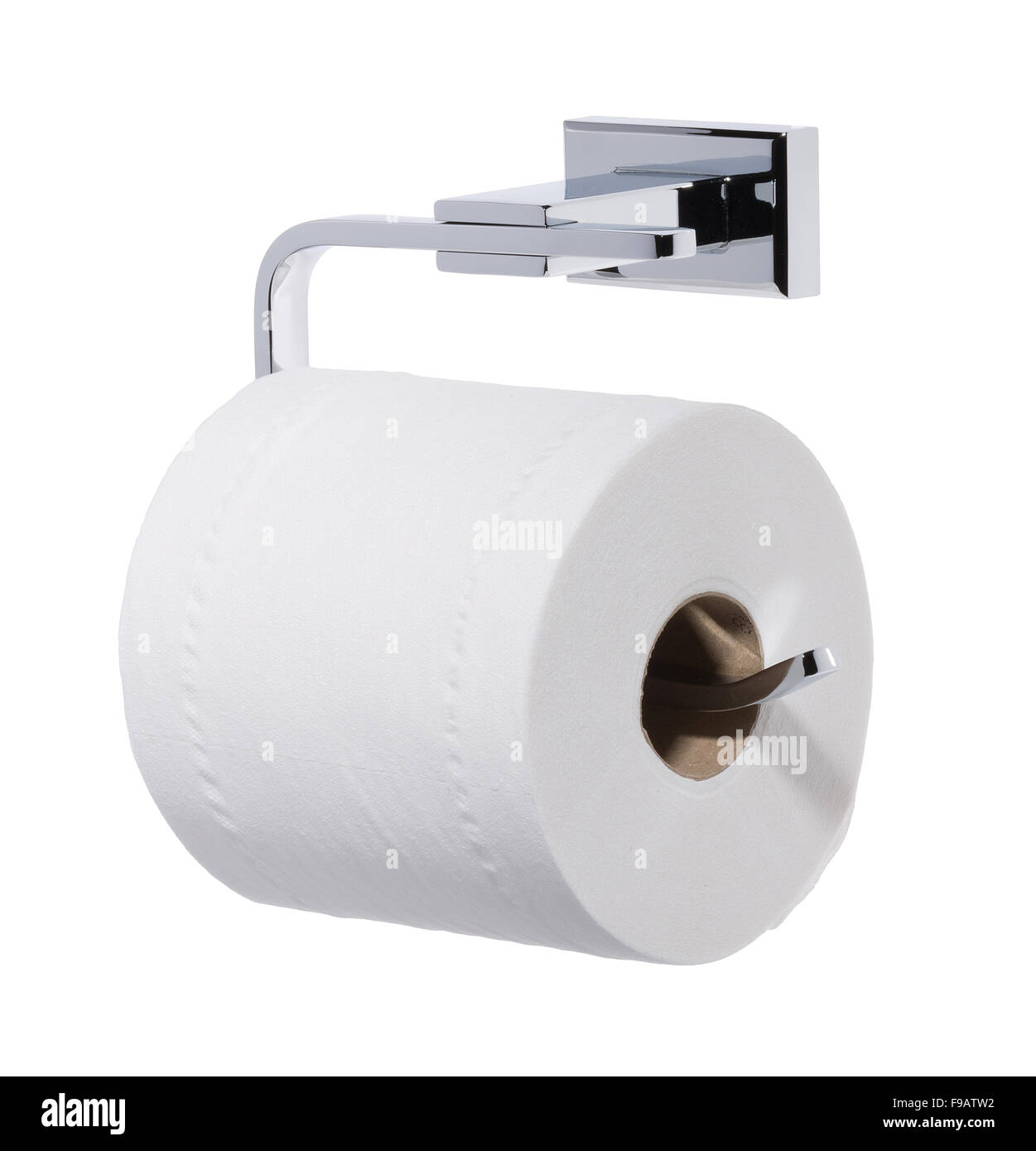 Toilet roll and chrome holder. Stock Photo