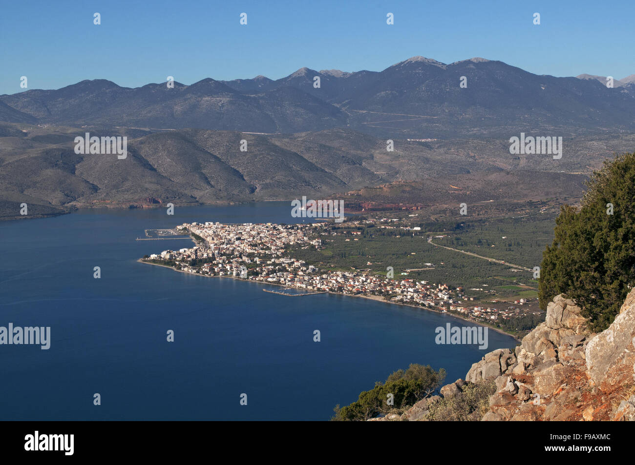Panoramic view of Itea town, the seaport to the ancient Delphi and town situated in Fokida region, Central Greece Stock Photo