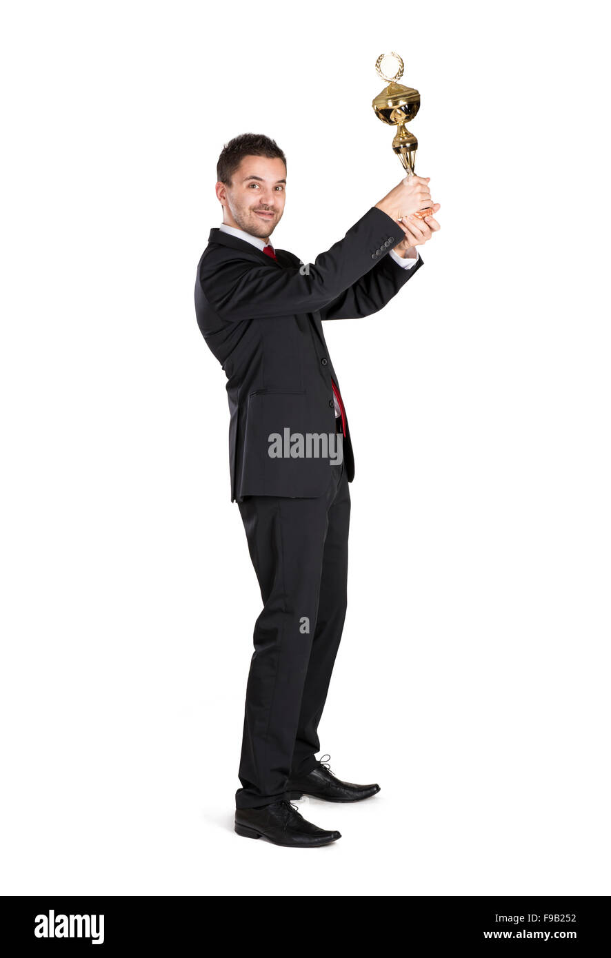 Successful business man is celebrating success on isolated white background Stock Photo