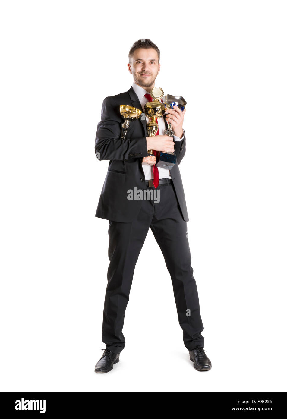 Successful business man is celebrating success on isolated white background Stock Photo