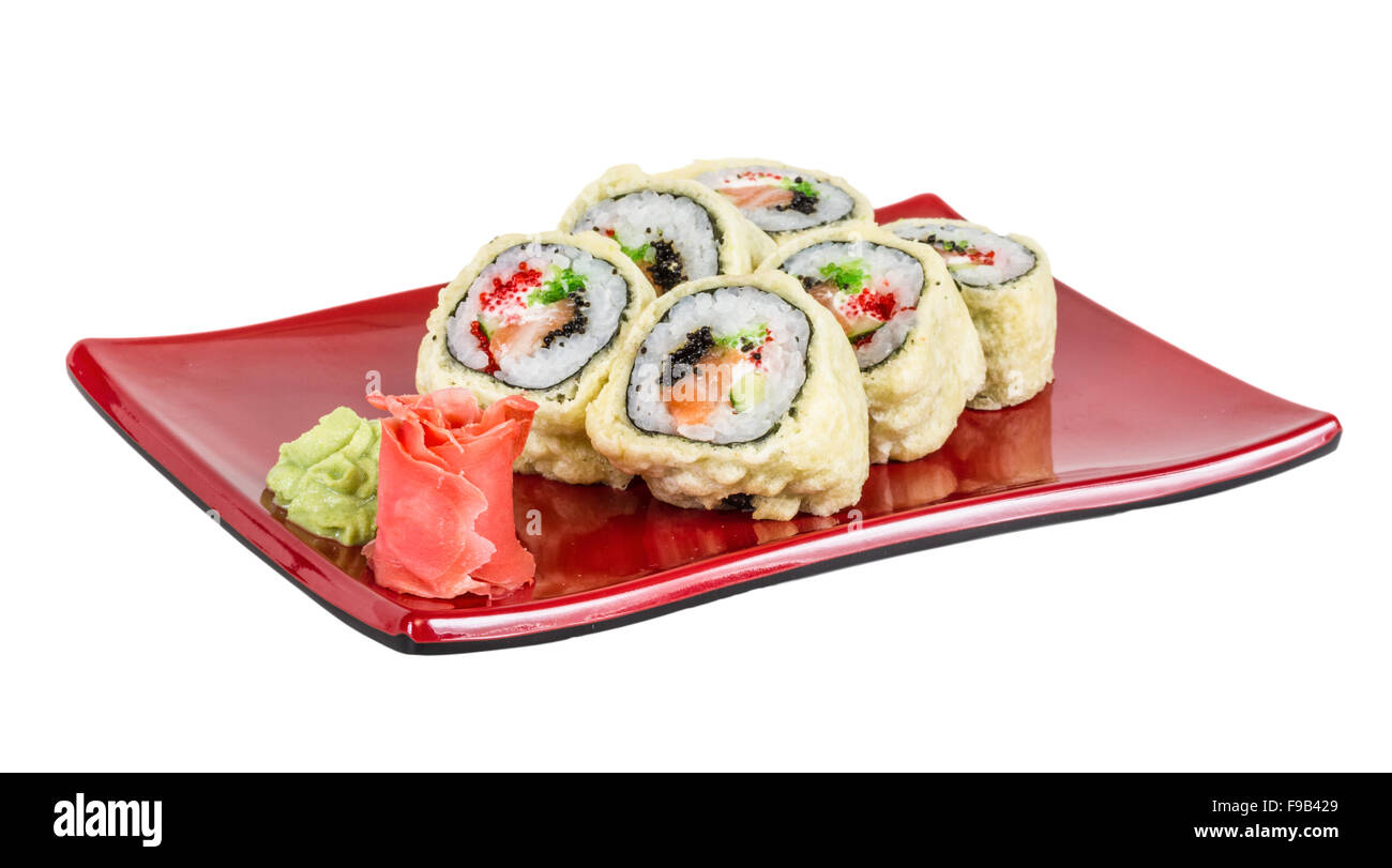 Japanese Cuisine Tempura Maki Sushi (Deep Fried Roll made of salmon, tobiko roe and Cream