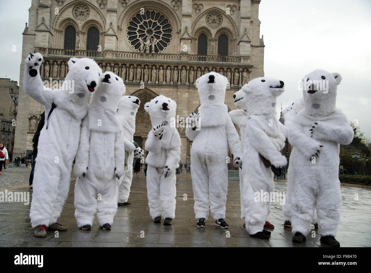 COP 21 UN Climate Conference. A group of Danish activists dressed as polar bears coordinated by Danish artist Jens Galschiot Stock Photo