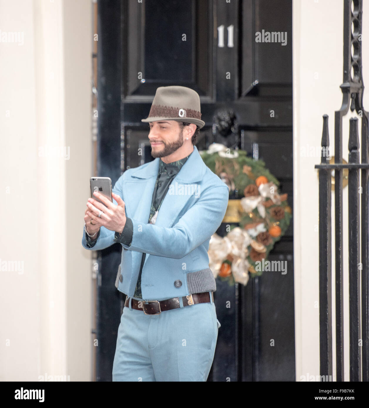 London, UK. 15th Dec, 2015. Brian Friedman of X Factor and I'm a Celebrity TV shows  takes a selfie outside 11  Downing Street while attending the Starlight charity Christmas party at 11 Downing Street, London, home of George Osborn UK finance minister Credit:  Ian Davidson/Alamy Live News Stock Photo