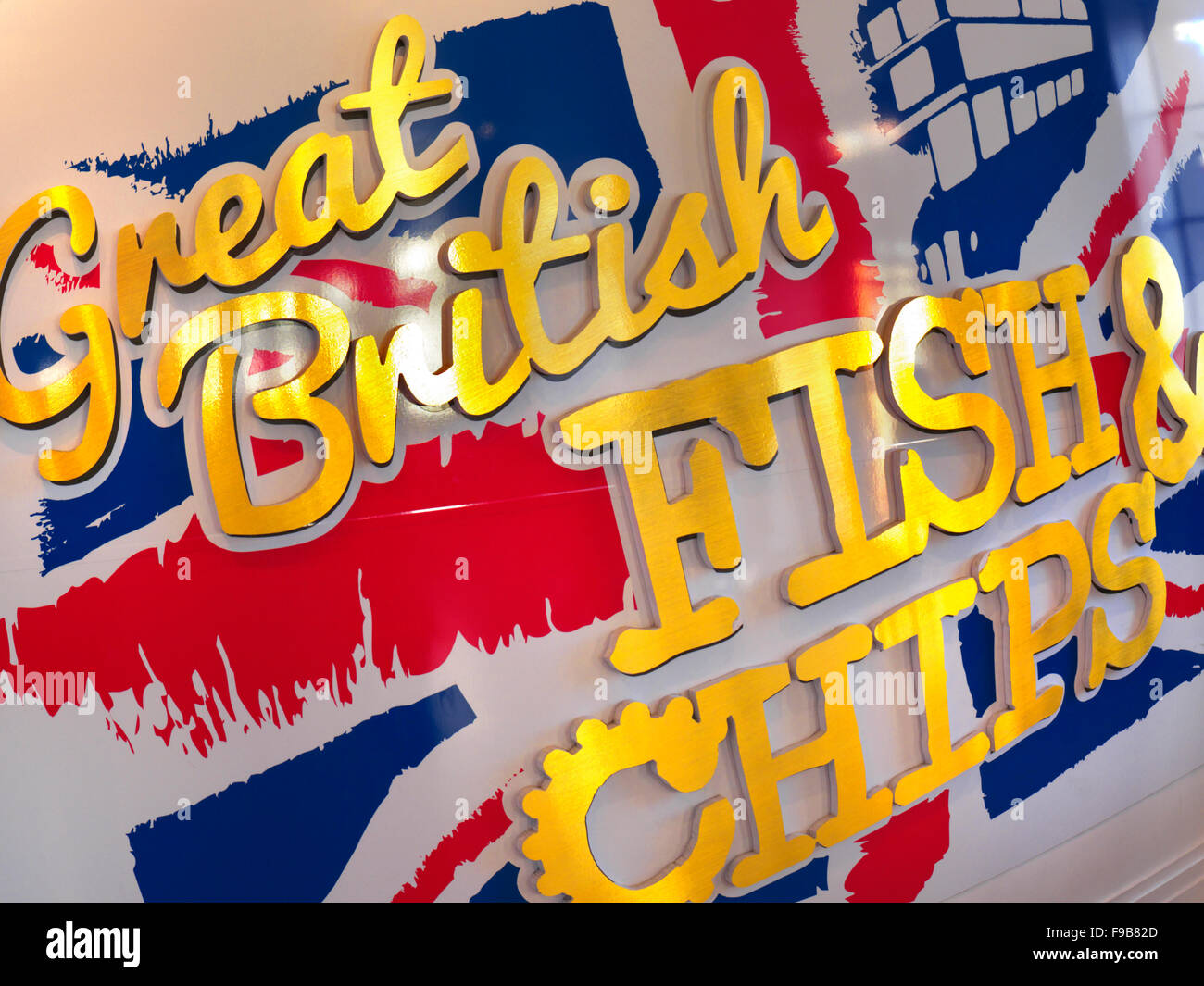 Close up view on Fish and chips outlet interior sign with patriotic British branding Stock Photo