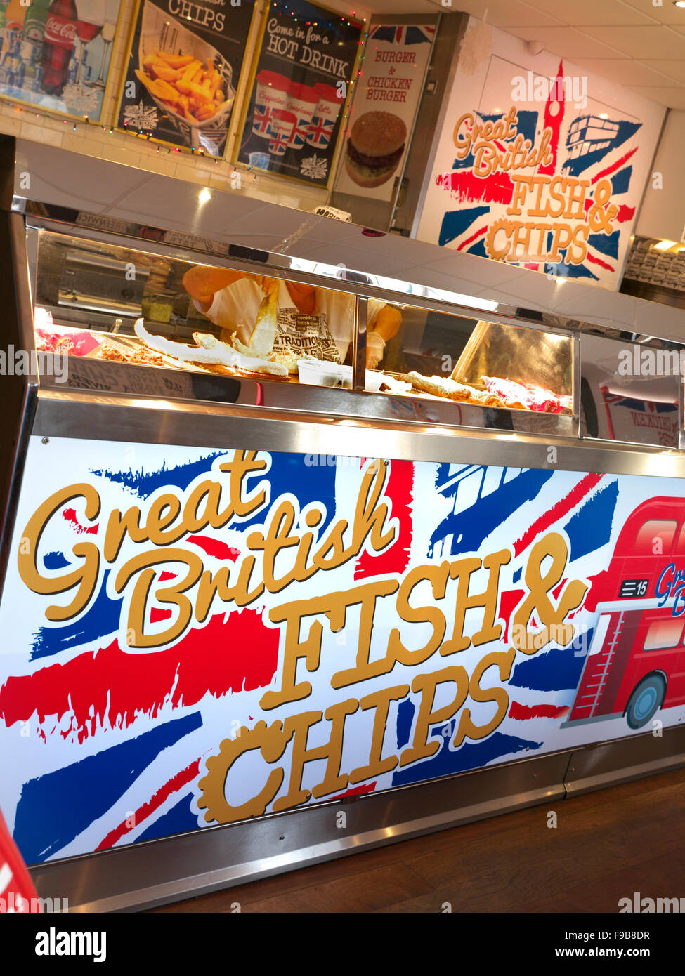 Fish and chips tourist outlet store interior with patriotic British UK Union Jack Flag branding London UK Stock Photo