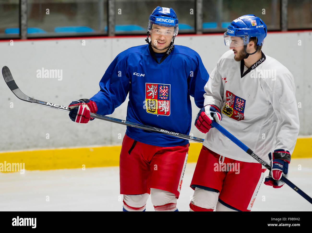 Prague, Czech Republic. 15th Dec, 2015. Czech hockey players jan Kovar (left) and Tomas Filippi during a training of Czech national ice hockey team prior to the Channel One Cup of the Euro Hockey Tour in Prague, Czech Republic, December 15, 2015. © Vit Simanek/CTK Photo/Alamy Live News Stock Photo
