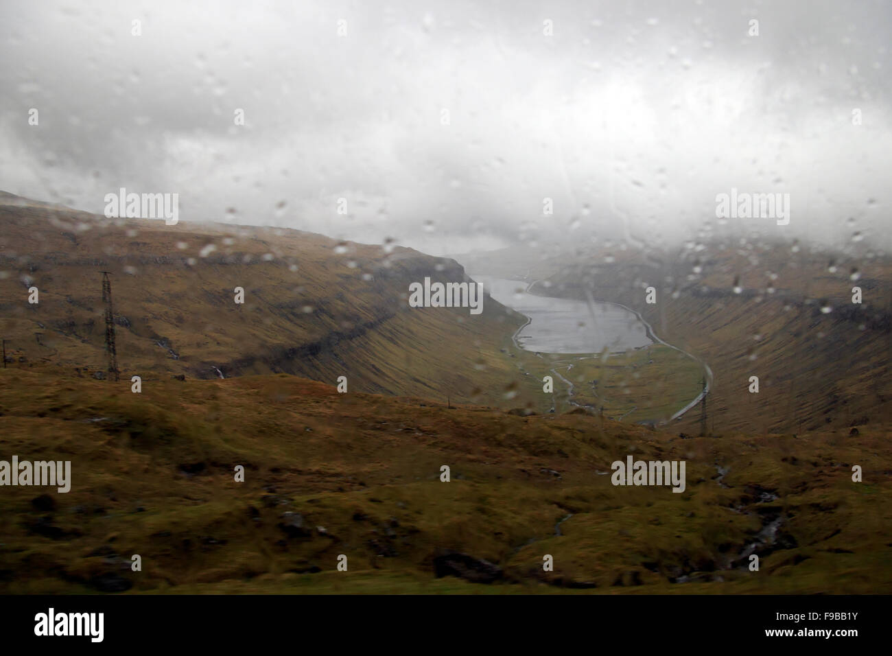 Kaldbak Fjord in the rain Faroe Islands Stock Photo
