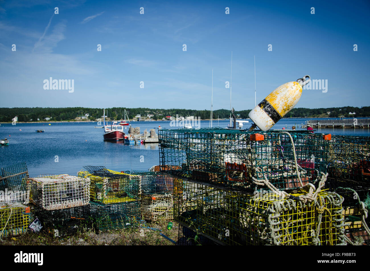 Lobster Crates in a Quaint Maine Fishing Village on Swan’s Island Stock