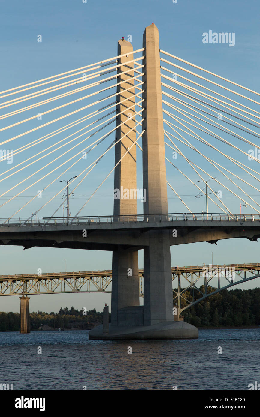 Tilikum Bridge Crossing with Ross Island bridge Portland OR Stock Photo
