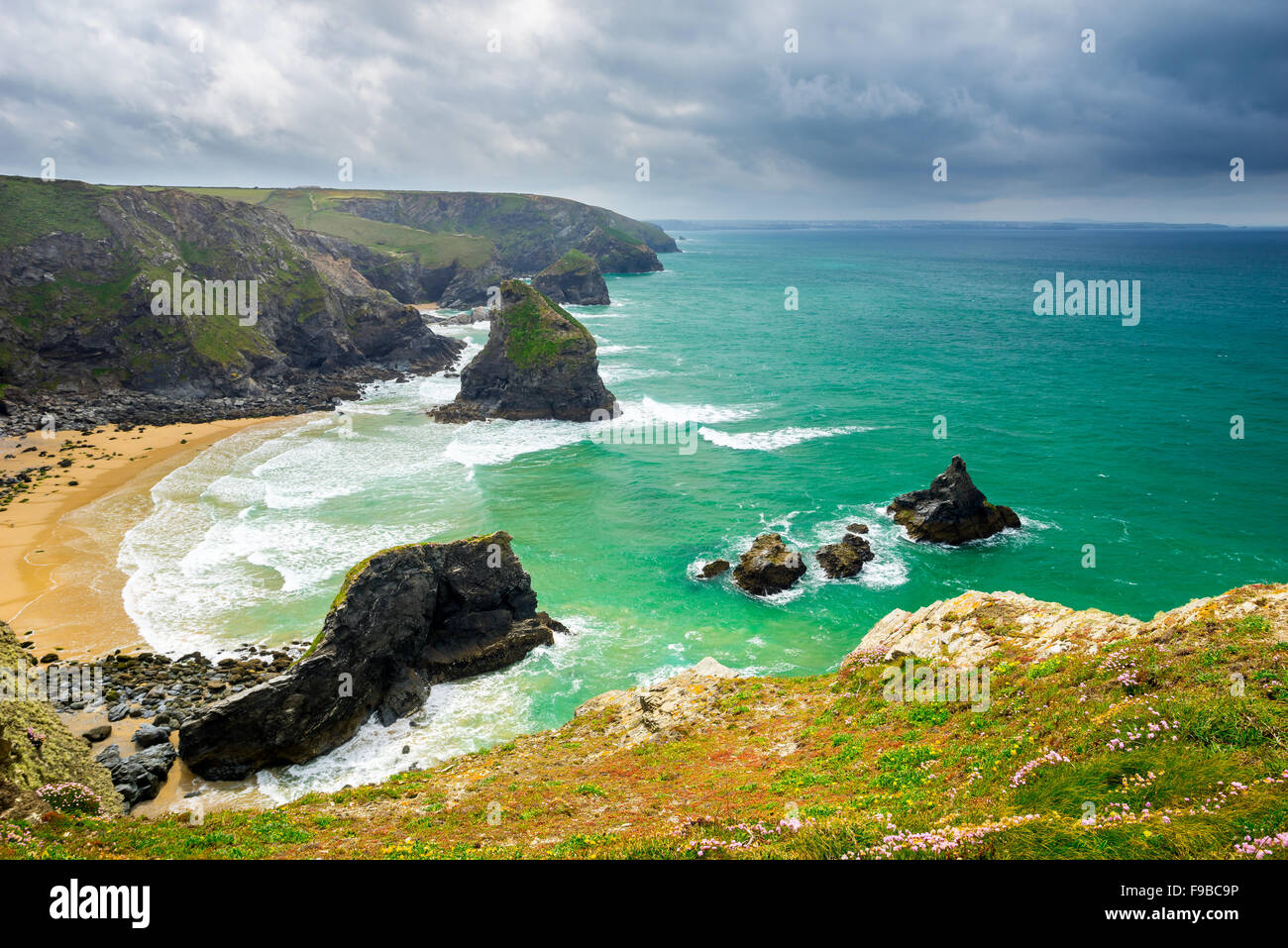Overlooking Pentire Steps Beach looking towards Bedruth Steps near Newquay Cornwall England UK Europe Stock Photo