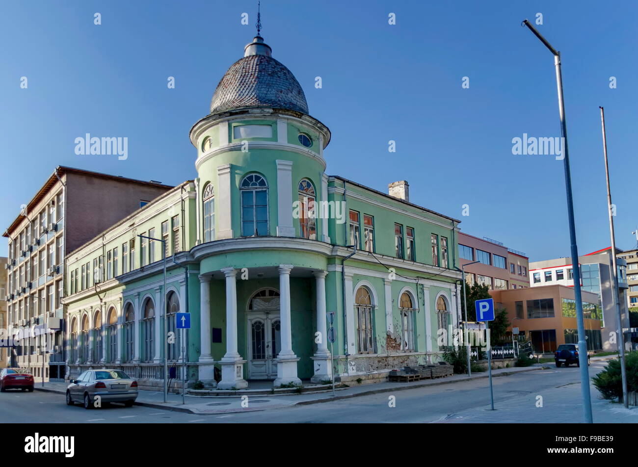 Razgrad town, street and house. Old corner house with tower, Bulgaria Stock Photo