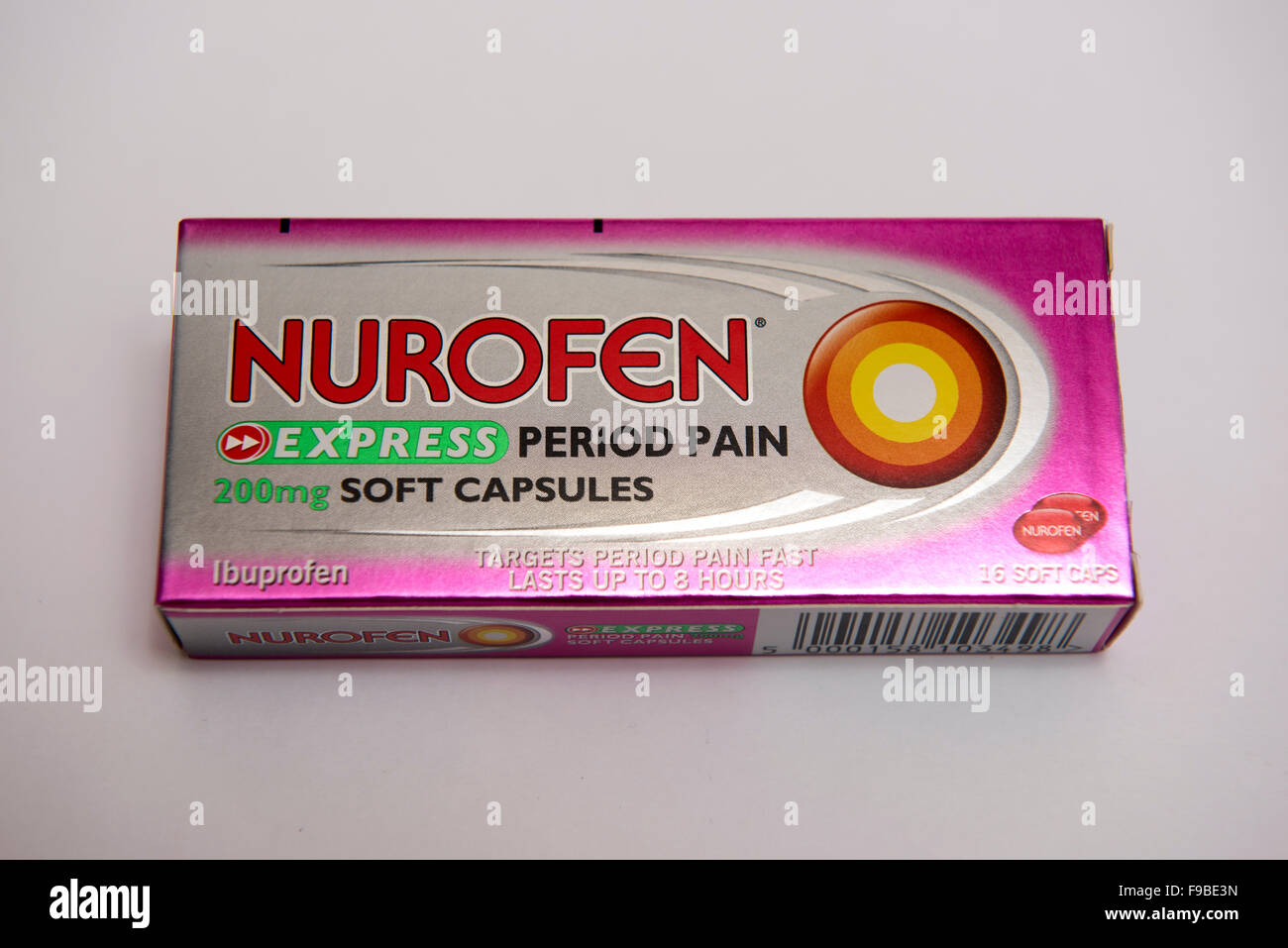 Packet of Nurofen express painkiller capsules aimed at period pains on a  white background Stock Photo - Alamy