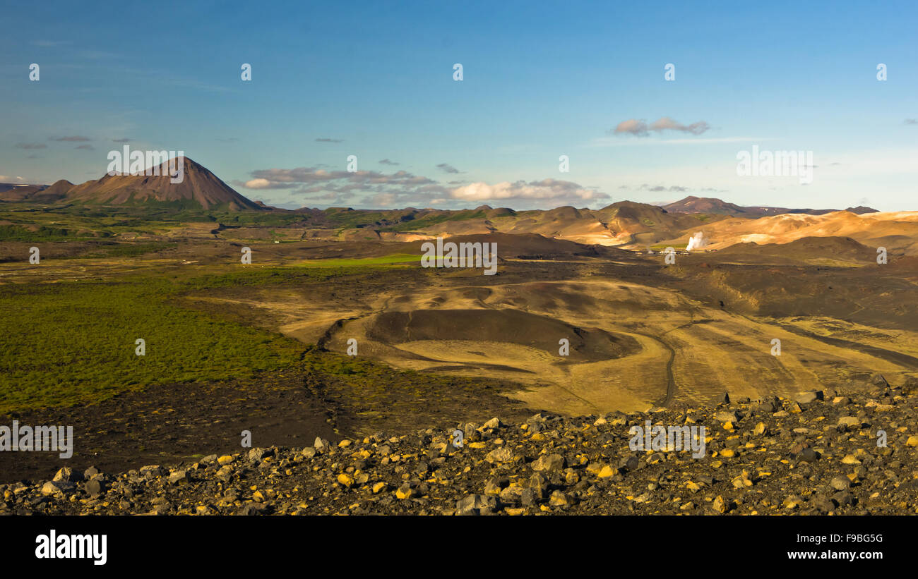 View from Hverfjall volcanic crater toward Jardbodin, Iceland Stock Photo