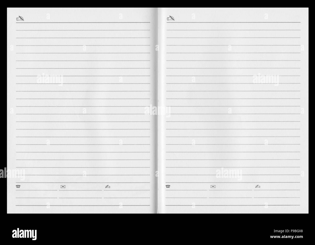 Blank notebook double-page spread on a black background Stock Photo