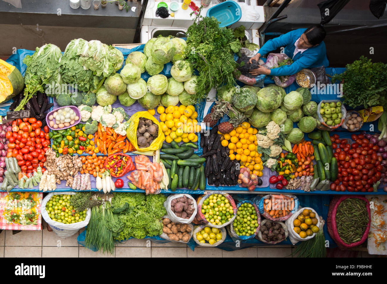 Colourful aerial view of a vegetable and fruit stall in market in town